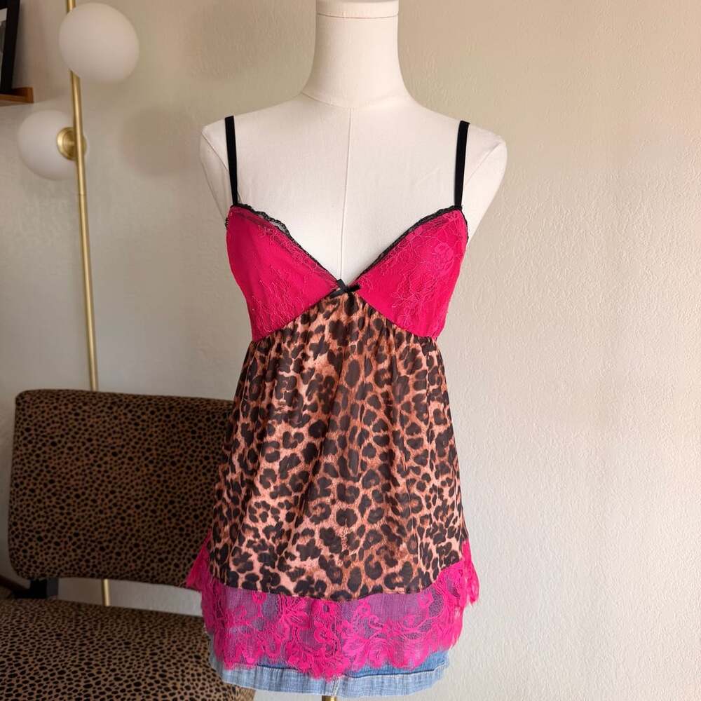 Luv Betsey Camisole Size S Leopard Pink Lace Trim Y2K